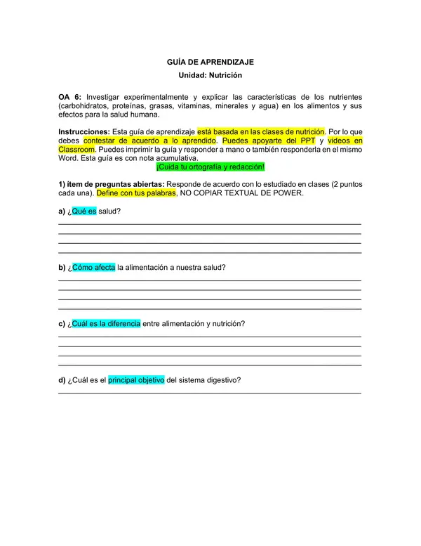 Guía / evaluación Nutrición