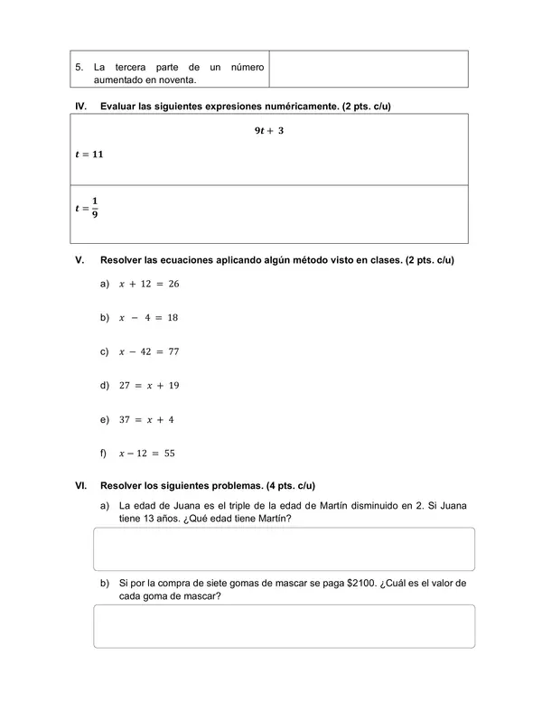 Evaluacion de Matematica 6 Basico: patrones y ecuaciones