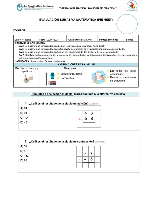 Prueba matemática "OPERACIONES BÁSICAS"  (4° básico)