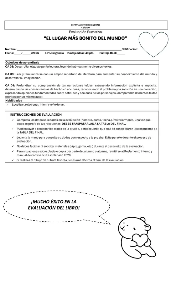 Evaluación del libro "El lugar más bonito del mundo"
