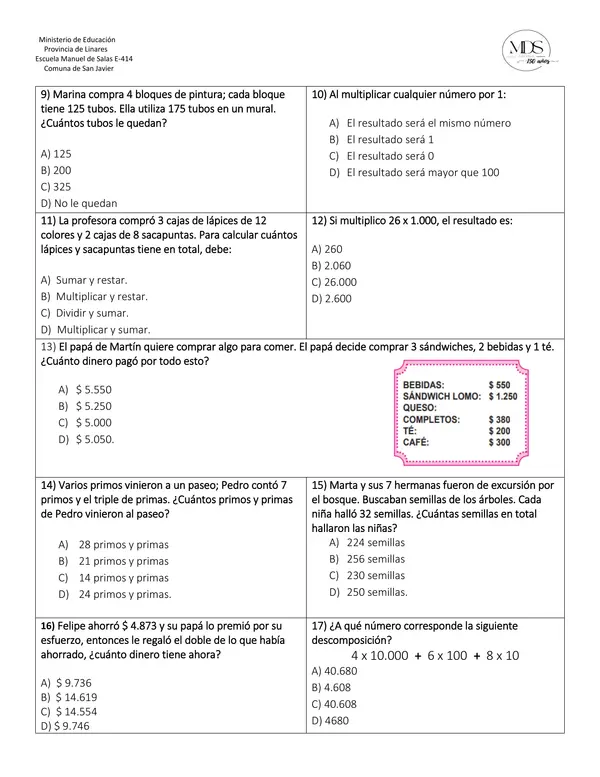 Prueba Multiplicación 4° básico selección multiple