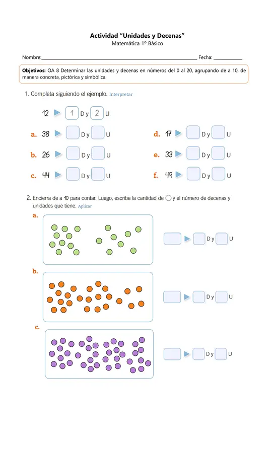 Actividad descargable: Unidades y decenas – Matemática | 1° Básico