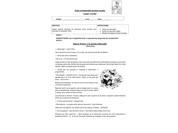 Guía comprensión lectora extracto novela Harry Potter
