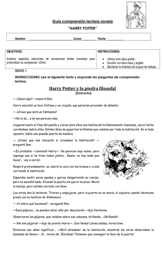 Guía comprensión lectora extracto novela Harry Potter