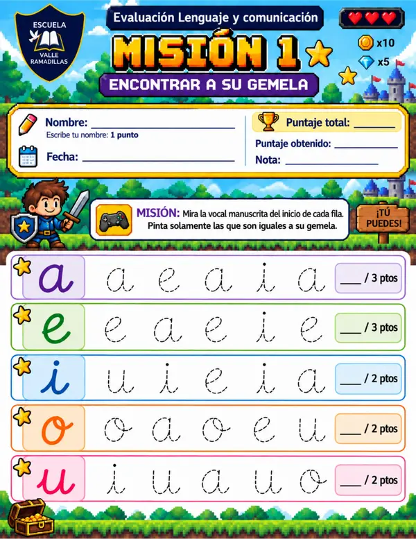 Evaluación Vocales Adaptada 1° Básico Lenguaje y comunicación