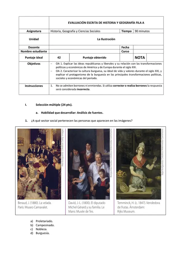 Ideas liberales y republicanas | Evaluación escrita Unidad 1 / Lección 1 / Primero Medio