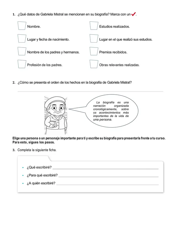 Guía de lenguaje 4°año básico "Escribamos una biografía"