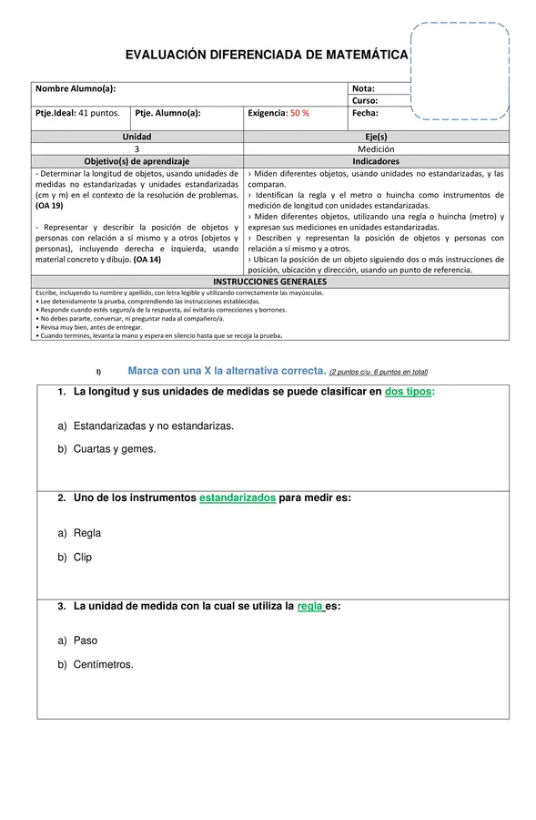 Evaluación diferenciada de matemática primero básico.