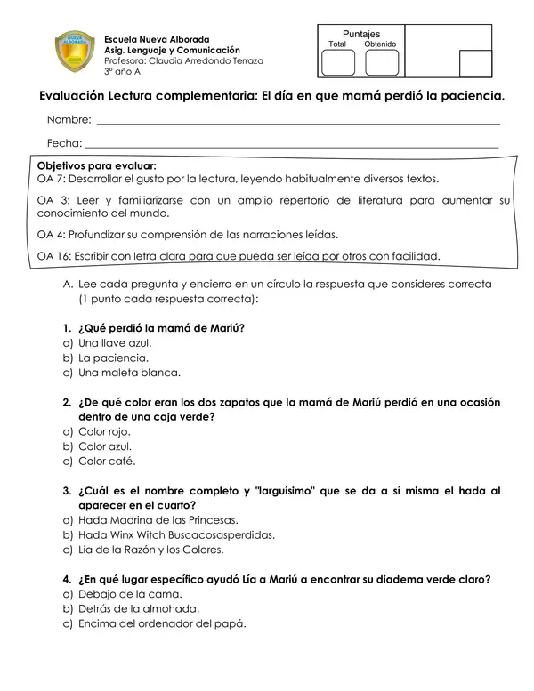 Evaluación El día en que mamá perdió la paciencia