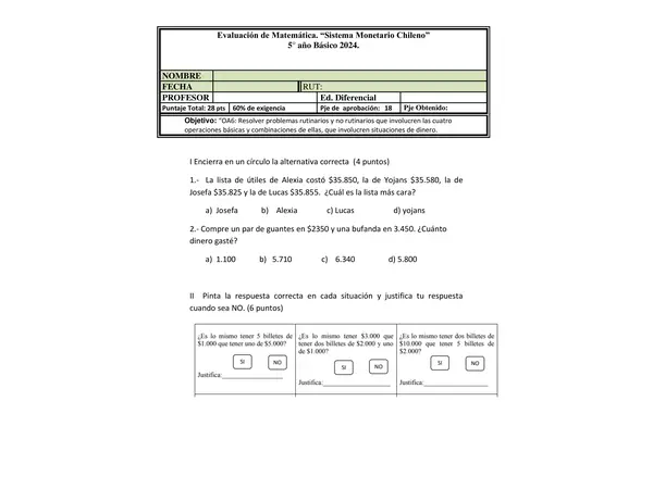 Evaluación de matemática "Sistema Monetario Chileno"