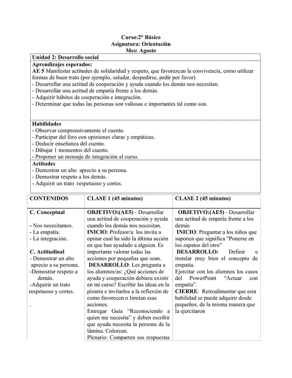 Planificación Clase a Clase: Agosto | Orientación Segundo Básico