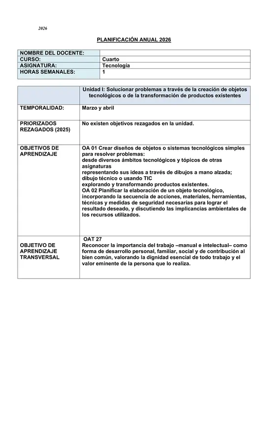 PLANIFICACIÓN ANUAL DE TECNOLOGÍA CUARTO BÁSICO