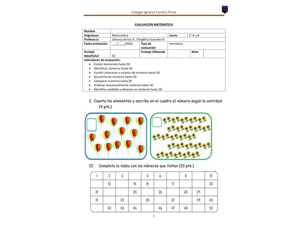 Evaluación Números hasta 50