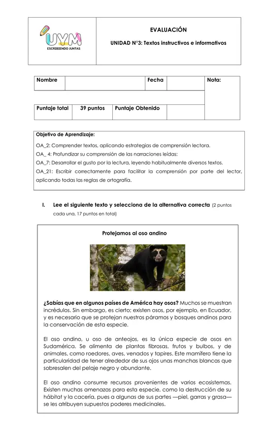 Evaluación Lenguaje "Textos instructivos e informativos"