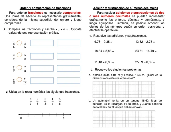 Guía "Orden y comparación de fracciones" " Adición y sustracción de decimales"