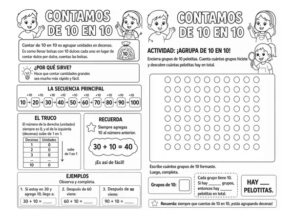 Escritura de números, conteo de 2 en 2 , 5 en 5, 10 en 10