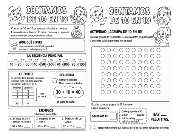 Escritura de números, conteo de 2 en 2 , 5 en 5, 10 en 10