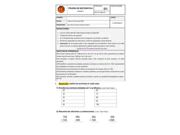 Prueba de matemática unidad 1 tercero básico. 