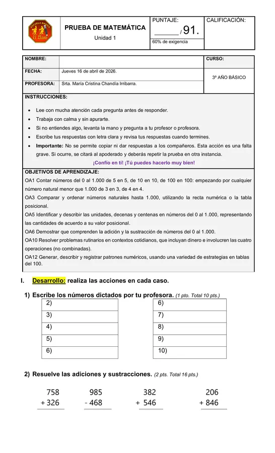 Prueba de matemática unidad 1 tercero básico. 