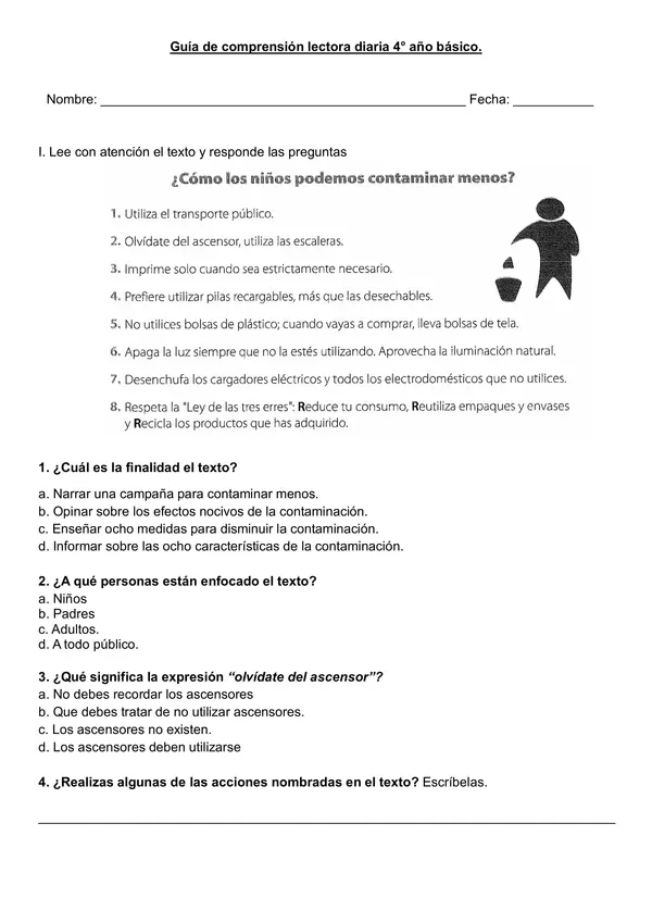 Guía de comprensión lectora diaria 4° año básico.