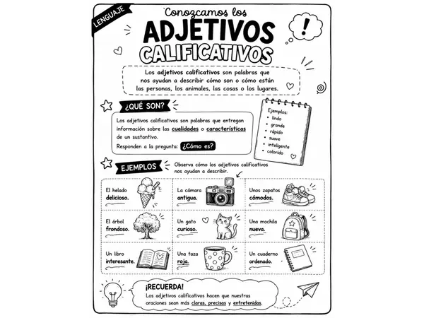 Adjetivos Calificativos - Guía Completa de 5 Fichas para 4° y 5° Básico