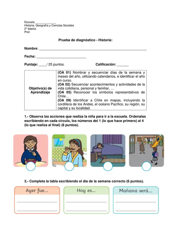 Evaluación diagnóstica de Historia - 2° básico
