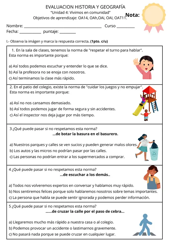 Evaluación de Proceso -  Convivencia y Ciudadanía - 2° Básico (Unidad 4)
