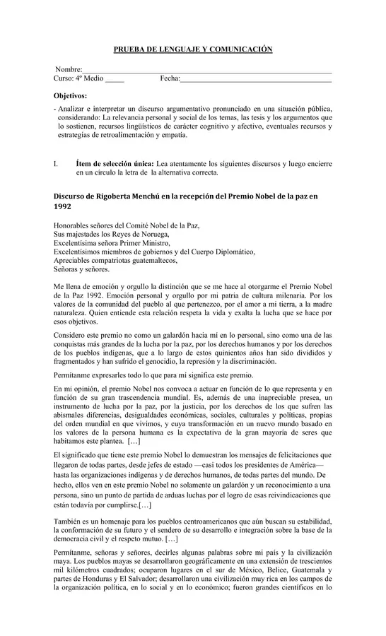Evaluación Lenguaje y Literatura - 4° Medio - Unidad 1