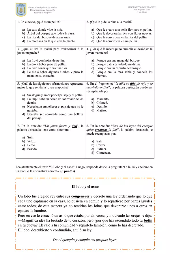 Evaluación diagnóstica - Lenguaje y Comunicación (4° año básico)
