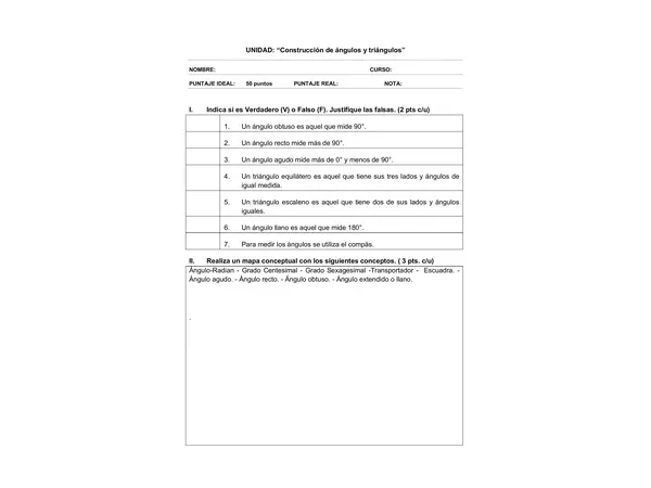 Evaluacion de Matematica 6 Basico: construccion de angulos y triangulos