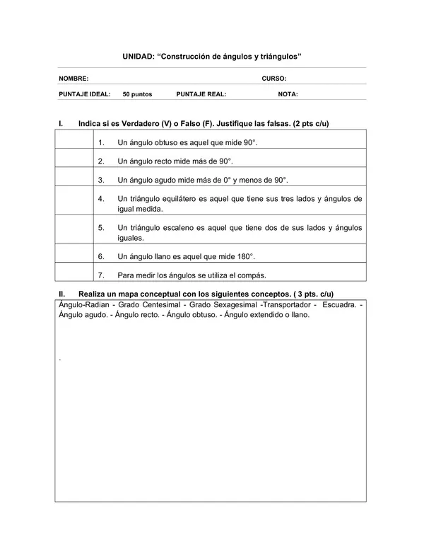 Evaluacion de Matematica 6 Basico: construccion de angulos y triangulos