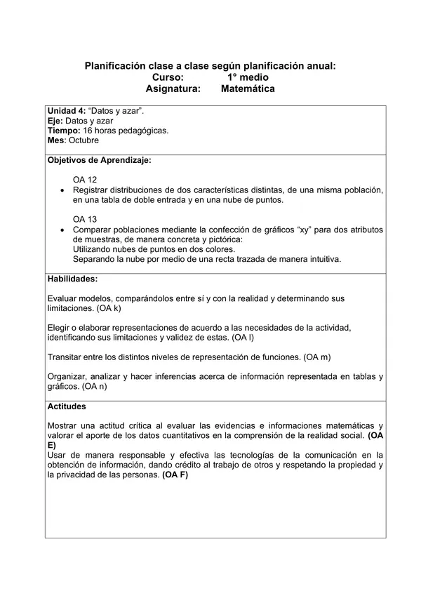 Planificación Clase a Clase Octubre - Matemática - 1° Medio