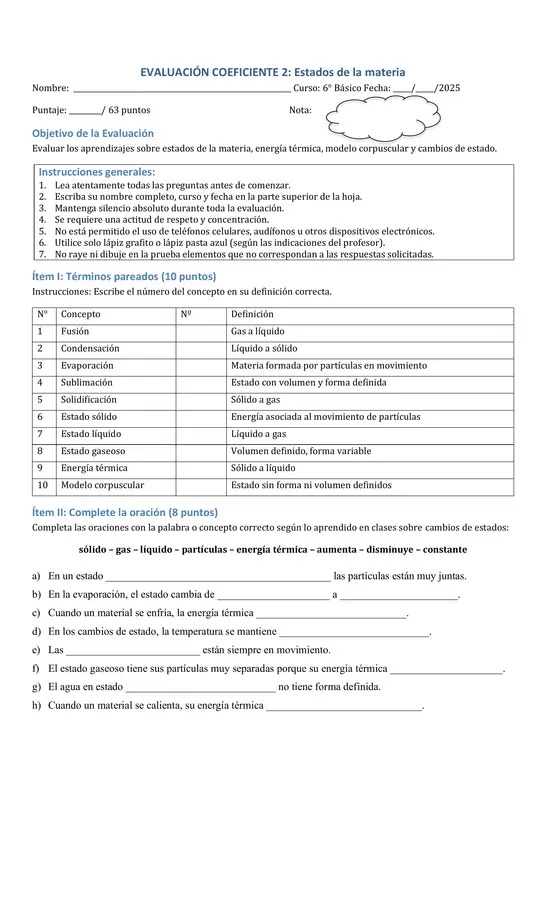 ❄️ Evaluación Cambios de Estado y Modelo Corpuscular – 6° Básico