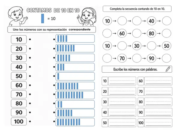 Escritura de números, conteo de 2 en 2 , 5 en 5, 10 en 10