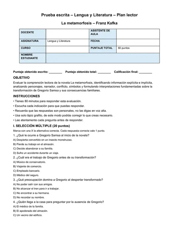 Plan lector: La metamorfosis 