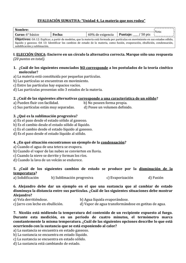 PRUEBA DE LA MATERIA (6° básico, ciencias)