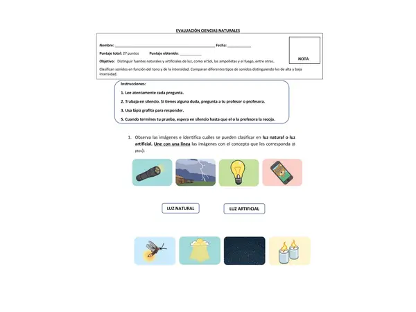 Evaluación luz y sonido tercero básico"