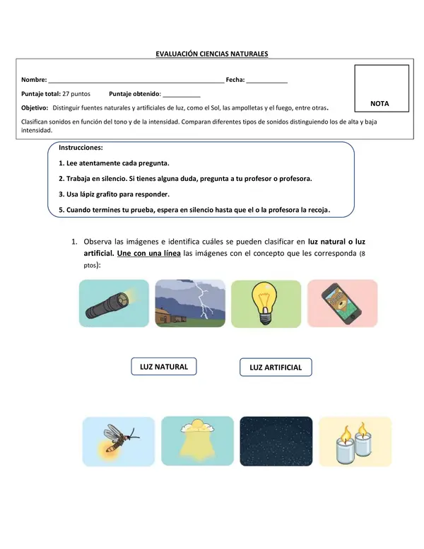 Evaluación luz y sonido tercero básico"