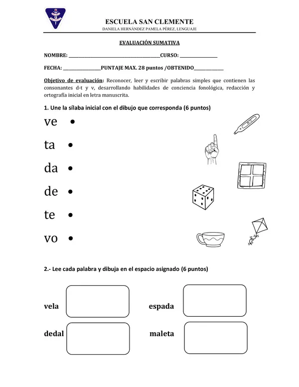 Evaluación letras d-t-v