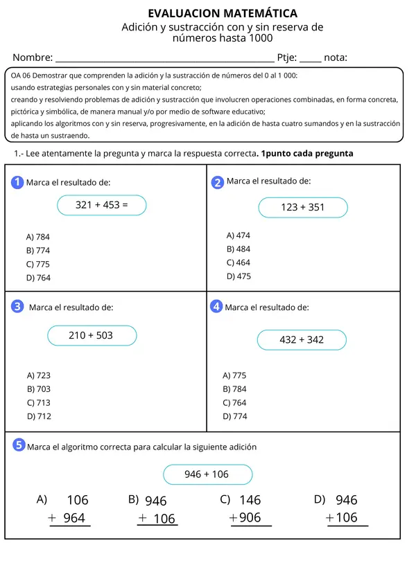 Evaluación Adición y sustracción hasta 1000 | Matemática