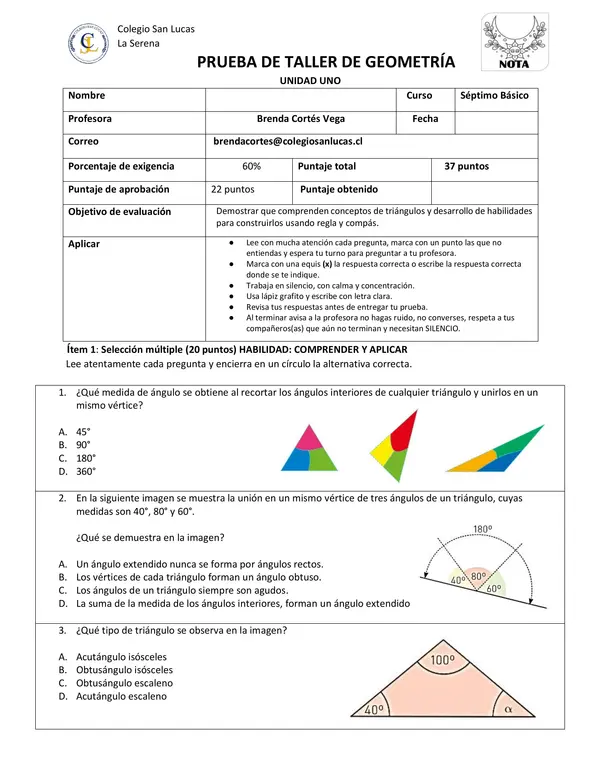 evaluacion unidad 1 geometria septimo 