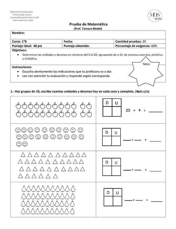 Evaluación Unidades y Decenas 1° básico