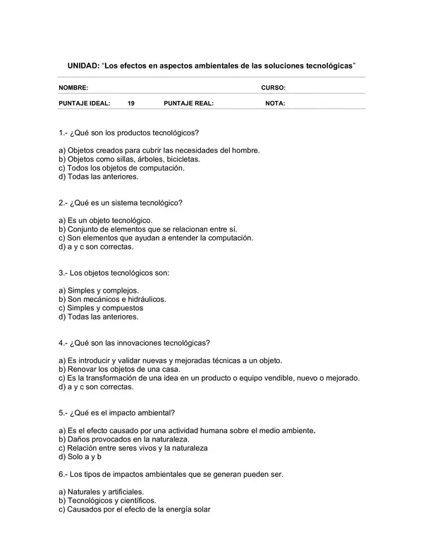 Evaluacion de Tecnologia 7 Basico N8: Los efectos en aspectos ambientales de las soluciones