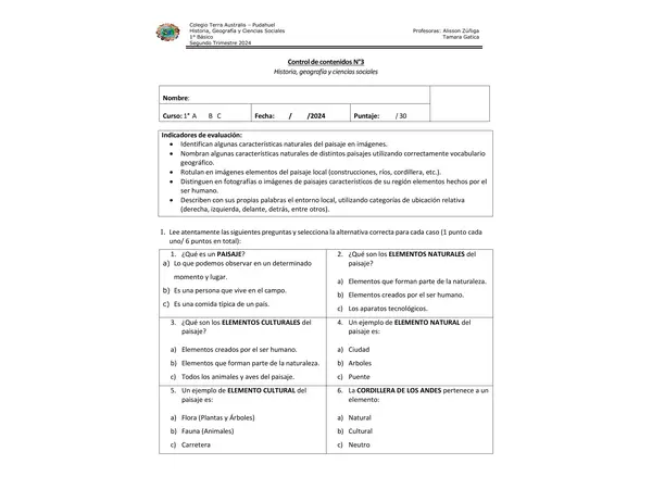 1° Básico - Prueba de Elementos Naturales y Culturales