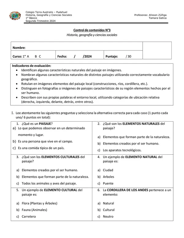 1° Básico - Prueba de Elementos Naturales y Culturales