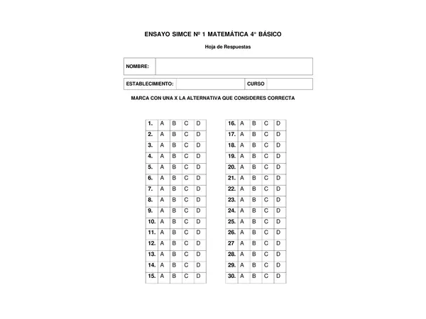ENSAYO N° 1 SIMCE 4° BÁSICO MATEMATICA