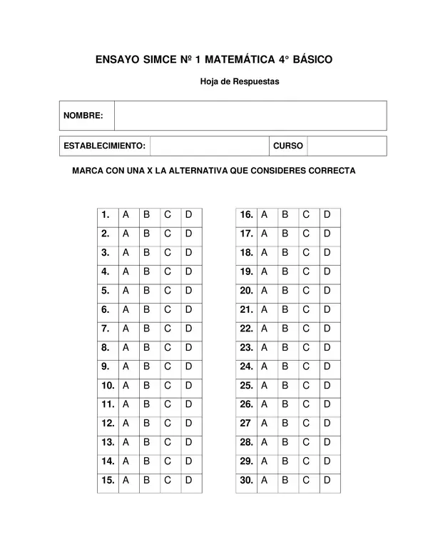 ENSAYO N° 1 SIMCE 4° BÁSICO MATEMATICA