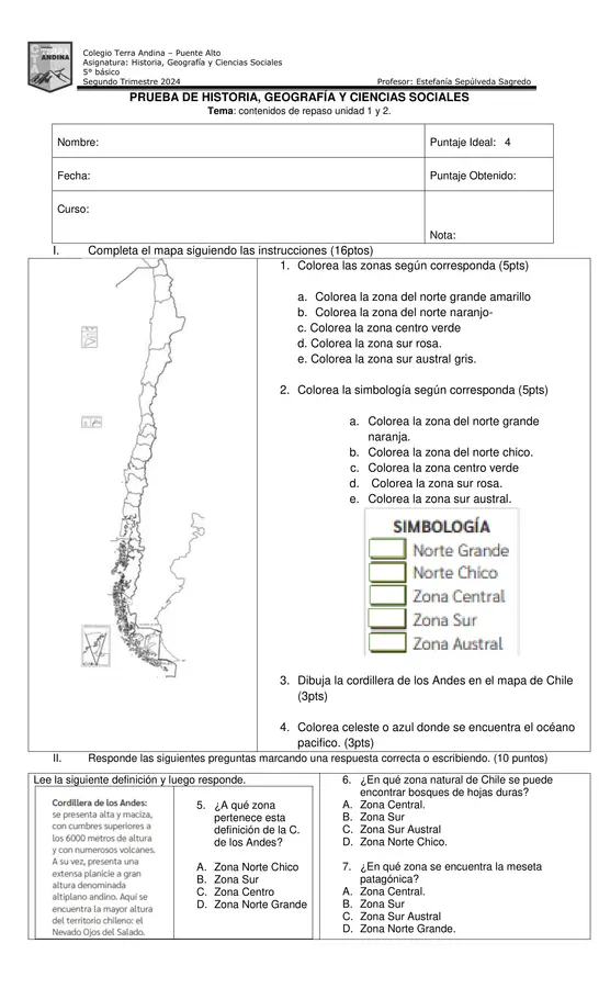 Prueba de Repaso unidad 1 y 2 Historia 5° básico 