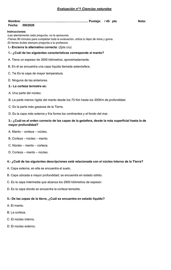 evaluación capas de la tierra y placas tectónicas