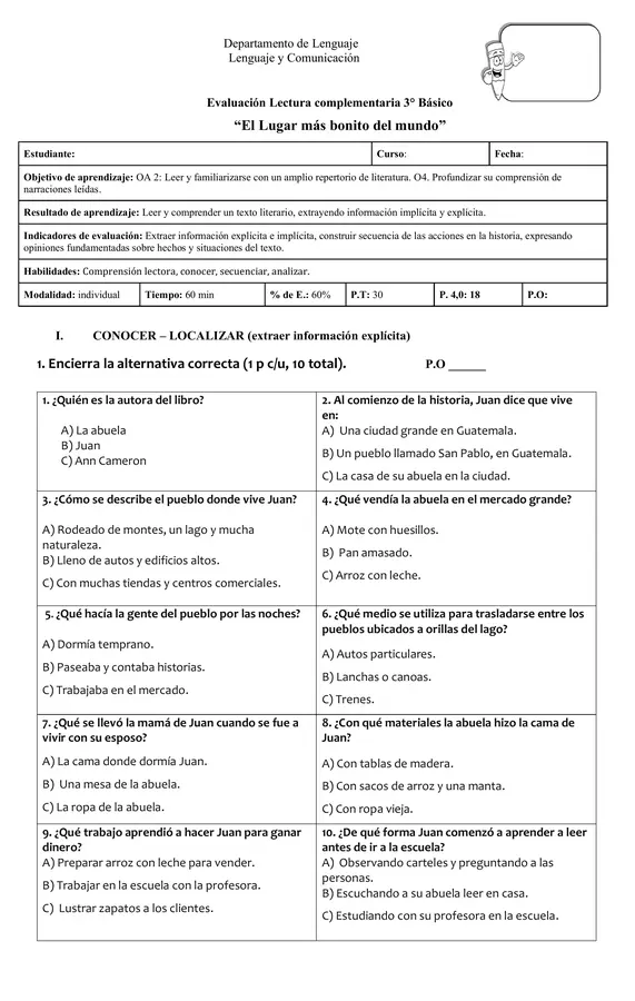 Prueba lectura complementaria "El lugar más bonito del mundo" 2026